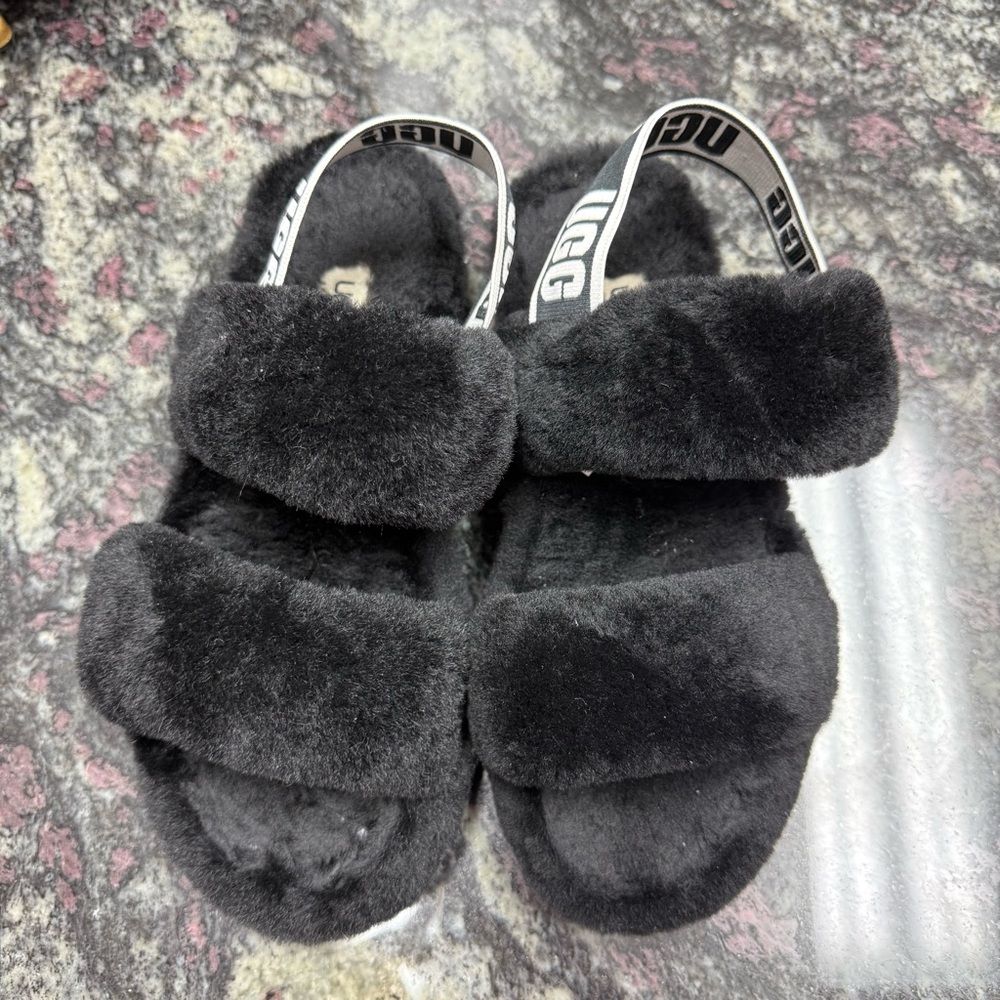 UGG Charcoal Slippers with Plush Faux Fur Strap